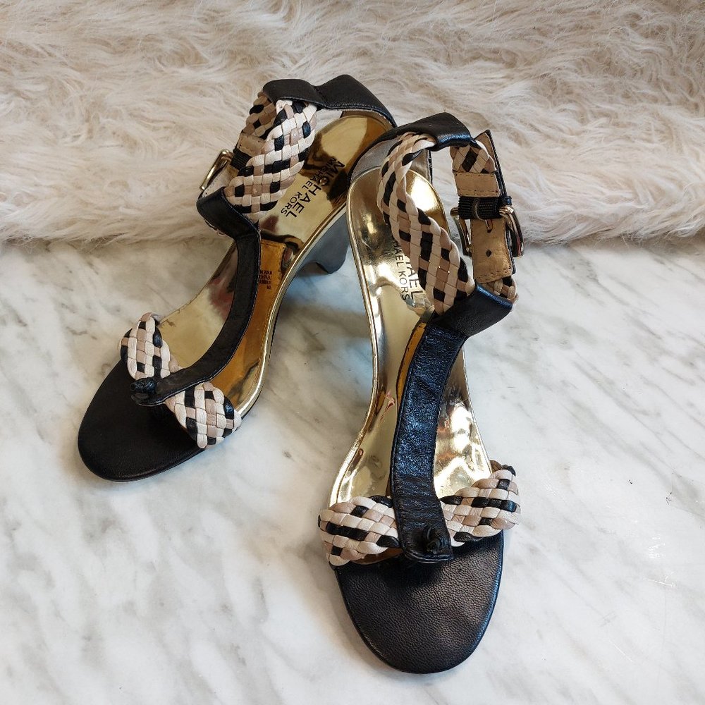 Michael Kors Women's Black Weaving Strapped High Heel Open Toe Sandals Siz 8M